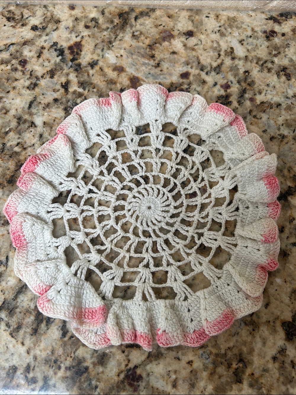 Handmade Vintage White Crochet Doily with Pink Trim - Home Accent